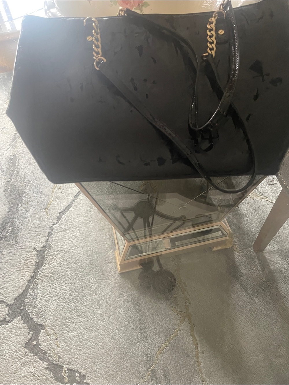 Michael Kors Black Patent Tote with Gold Chain Straps